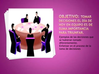 Ejemplos de las decisiones que
se hubieran tomado
diferentemente.
Enfatizar en el proceso de la
toma de decisiones
 