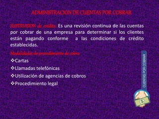 SUPERVISION de crédito: Es una revisión continua de las cuentas
por cobrar de una empresa para determinar si los clientes
están pagando conforme a las condiciones de crédito
establecidas.
Modalidades de procedimiento de cobro
Cartas
Llamadas telefónicas
Utilización de agencias de cobros
Procedimiento legal
ADMINISTRACIONDE CUENTAS POR COBRAR
 