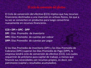 El Ciclo de conversión del efectivo (CCE) implica que hay recursos
financieros destinados a una inversión en activos físicos, los que a
su vez se convierten en productos para luego convertirse
nuevamente en recursos financieros .
CCE= DPI + DPC - DPP
DPI : Días Promedio de Inventario
DPC: Días Promedio de cuentas por cobrar
DPP: Días Promedio de cuentas por pagar
Si los Días Promedio de Inventario (DPI) y los Días Promedio de
Cobranza (DPC) superan los Días Promedio de Pago (DPP), la
empresa tendrá ciclo de conversión de efectivo (CCE). Los cuales
requerirán de préstamo para capital de trabajo, a menos que
financie sus necesidades con recursos propios, es decir, con
patrimonio (capital y resultados acumulados).
El ciclo de conversión del efectivo
 