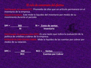 DIASPromedio deInventario(DPI) : Promedio de días que un artículo permanece en el
inventario de la empresa.
RotaciónDeInventario: Este mide la liquidez del inventario por medio de su
movimiento durante el periodo
DPI = 360 RI = Costo de ventas
RI Inventario
DIASPromedio decuentasporcobrar(DPC):Es una razón que indica la evaluación de la
política de créditos y cobros de la empresa.
ROTACIONDECUENTASPORCOBRAR: Mide la liquidez de las cuentas por cobrar por
medio de su rotación.
DPC = 360 RCC = Ventas________
RCC Cuentas por Cobrar
El ciclo de conversión del efectivo
 