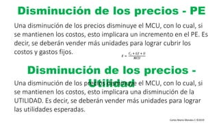 Carlos Mario Morales C ©2019
Una disminución de los precios disminuye el MCU, con lo cual, si
se mantienen los costos, esto implicara un incremento en el PE. Es
decir, se deberán vender más unidades para lograr cubrir los
costos y gastos fijos.
Disminución de los precios - PE
Disminución de los precios -
UtilidadUna disminución de los precios disminuye el MCU, con lo cual, si
se mantienen los costos, esto implicara una disminución de la
UTILIDAD. Es decir, se deberán vender más unidades para lograr
las utilidades esperadas.
𝑋 =
𝐶 𝑓 + 𝐺𝑓 + 𝑈
𝑀𝐶𝑈
 