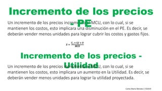 Carlos Mario Morales C ©2019
Un incremento de los precios incrementa el MCU, con lo cual, si se
mantienen los costos, esto implicara una disminución en el PE. Es decir, se
deberán vender menos unidades para lograr cubrir los costos y gastos fijos.
Incremento de los precios
- PE
Incremento de los precios -
UtilidadUn incremento de los precios incrementa el MCU, con lo cual, si se
mantienen los costos, esto implicara un aumento en la Utilidad. Es decir, se
deberán vender menos unidades para lograr la utilidad proyectada.
𝑋 =
𝐶 𝑓 + 𝐺𝑓 + 𝑈
𝑀𝐶𝑈
 