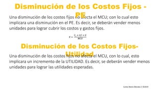 Carlos Mario Morales C ©2019
Una disminución de los costos fijos no afecta el MCU; con lo cual esto
implicara una disminución en el PE. Es decir, se deberán vender menos
unidades para lograr cubrir los costos y gastos fijos.
Disminución de los Costos Fijos -
PE
Disminución de los Costos Fijos-
UtilidadUna disminución de los costos fijos no afecta el MCU, con lo cual, esto
implicara un incremento de la UTILIDAD. Es decir, se deberán vender menos
unidades para lograr las utilidades esperadas.
𝑋 =
𝐶 𝑓 + 𝐺𝑓 + 𝑈
𝑀𝐶𝑈
 
