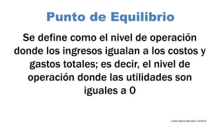 Carlos Mario Morales C ©2019
Se define como el nivel de operación
donde los ingresos igualan a los costos y
gastos totales; es decir, el nivel de
operación donde las utilidades son
iguales a 0
Punto de Equilibrio
 