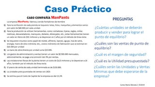 Carlos Mario Morales C ©2019
Caso Práctico
¿Cuántas unidades se deberán
producir y vender para lograr el
punto de equilibrio?
¿Cuáles son las ventas de punto de
equilibrio?
¿Cuál es el margen de seguridad?
¿Cuáles serán las Unidades y Ventas
Mínimas que debe esperarse de la
empresa?
¿Cuál es la Utilidad presupuestada?
PREGUNTAS
 