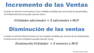 Carlos Mario Morales C ©2019
Cuando se estiman incrementos en las unidades vendidas por encima de las proyectadas,
la Utilidad adicional se puede calcular como:
𝑈𝑡𝑖𝑙𝑖𝑑𝑎𝑑𝑒𝑠 𝑎𝑑𝑖𝑐𝑖𝑜𝑛𝑎𝑙𝑒𝑠 = 𝑋 𝑎𝑑𝑖𝑐𝑖𝑜𝑛𝑎𝑙𝑒𝑠 𝑥 𝑀𝐶𝑈
Incremento de las Ventas
Cuando se estiman disminuciones en las unidades vendidas por encima de las proyectadas,
la disminución de la Utilidad se puede calcular como:
𝐷𝑖𝑠𝑚𝑖𝑛𝑢𝑐𝑖ó𝑛 𝑈𝑡𝑖𝑙𝑖𝑑𝑎𝑑𝑒𝑠 = 𝑋 𝑚𝑒𝑛𝑜𝑟𝑒𝑠 𝑥 𝑀𝐶𝑈
Disminución de las ventas
 