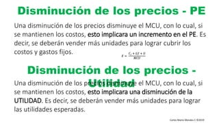 Carlos Mario Morales C ©2019
Una disminución de los precios disminuye el MCU, con lo cual, si
se mantienen los costos, esto implicara un incremento en el PE. Es
decir, se deberán vender más unidades para lograr cubrir los
costos y gastos fijos.
Disminución de los precios - PE
Disminución de los precios -
UtilidadUna disminución de los precios disminuye el MCU, con lo cual, si
se mantienen los costos, esto implicara una disminución de la
UTILIDAD. Es decir, se deberán vender más unidades para lograr
las utilidades esperadas.
𝑋 =
𝐶 𝑓 + 𝐺𝑓 + 𝑈
𝑀𝐶𝑈
 