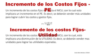 Carlos Mario Morales C ©2019
Un incremento de los costos fijos no afecta el MCU; con lo cual esto
implicara un incremento en el PE. Es decir, se deberán vender más unidades
para lograr cubrir los costos y gastos fijos.
Incremento de los Costos Fijos -
PE
Incremento de los costos Fijos-
UtilidadUn incremento de los costos fijos no afecta el MCU, con lo cual, esto
implicara una disminución de la UTILIDAD. Es decir, se deberán vender mas
unidades para lograr las utilidades esperadas.
𝑋 =
𝐶 𝑓 + 𝐺𝑓 + 𝑈
𝑀𝐶𝑈
 
