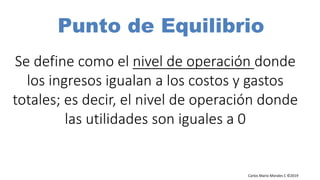 Carlos Mario Morales C ©2019
Se define como el nivel de operación donde
los ingresos igualan a los costos y gastos
totales; es decir, el nivel de operación donde
las utilidades son iguales a 0
Punto de Equilibrio
 