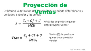 Carlos Mario Morales C ©2019
Utilizando la definición del MCU y MC%, se puede determinar las
unidades a vender y las ventas
𝑋 =
𝐶 𝑓 + 𝐺𝑓 + 𝑈
𝑀𝐶𝑈
Proyección de
Ventas
Unidades de producto que se
debe proyectar vender
𝑉𝑡𝑎𝑠 =
𝐶 𝑓 + 𝐺𝑓 + 𝑈
𝑀𝐶%
Ventas ($) de producto
que se debe proyectar
vender
 