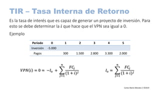 Carlos Mario Morales C ©2019
TIR – Tasa Interna de Retorno
Es la tasa de interés que es capaz de generar un proyecto de inversión. Para
esto se debe determinar la 𝑖 que hace que el VPN sea igual a 0.
Ejemplo
Periodo 0 1 2 3 4 5
Inversión -5.000
Pagos 300 1.500 2.800 3.300 2.000
𝑉𝑃𝑁 𝑖 = 0 = −𝐼 𝑜 +
𝑗=1
𝑛
𝐹𝐶𝑗
(1 + 𝑖) 𝑗
𝐼 𝑜 =
𝑗=1
𝑛
𝐹𝐶𝑗
(1 + 𝑖) 𝑗
 