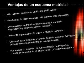 Ventajas de un esquema matricialMás facilidad para armar un Equipo de Proyecto.
