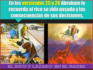 En los versículos 25 y 26 Abraham le
recuerda al rico su vida pasada y las
consecuencias de sus decisiones.
 