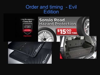 If you go to a car dealership, the more
exhausted by decision fatigue, the more likely
the buyer is going to agree to default choices
provided by the dealer. This is where they get
your money.
Source NYT article Do You Suffer From Decision
Fatigue? :
http://www.nytimes.com/2011/08/21/magazi
ne/do-you-suffer-from-decision-
fatigue.html?pagewanted=all&_r=2&
“Sequential choices and the apparent mental
depletion that they evoke also increase
people's tendency to simplify decisions by
accepting the status quo”
“German car buyers, for instance, were more
likely to accept the default attribute level
offered by a manufacturer later in a sequence
of attribute decisions than earlier, particularly
when these choices followed decisions
between many alternatives that had required
more mental resources to evaluate.”
Order and timing - Profit Booster
Screen Shot 2015-05-31 at 3.49.24 PM.png
 