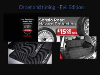 If	
  you	
  go	
  to	
  a	
  car	
  dealership,	
  the	
  more	
  
exhausted	
  by	
  decision	
  faEgue,	
  the	
  more	
  likely	
  
the	
  buyer	
  is	
  going	
  to	
  agree	
  to	
  default	
  choices	
  
provided	
  by	
  the	
  dealer.	
  This	
  is	
  where	
  they	
  get	
  
your	
  money.	
  	
  
	
  
Source	
  NYT	
  arEcle	
  Do	
  You	
  Suﬀer	
  From	
  Decision	
  
FaEgue?	
  :	
  hZp://www.nyEmes.com/
2011/08/21/magazine/do-­‐you-­‐suﬀer-­‐from-­‐
decision-­‐faEgue.html?pagewanted=all&_r=2&	
  
	
  
“SequenEal	
  choices	
  and	
  the	
  apparent	
  mental	
  
depleEon	
  that	
  they	
  evoke	
  also	
  increase	
  
people's	
  tendency	
  to	
  simplify	
  decisions	
  by	
  
accepEng	
  the	
  status	
  quo”	
  
	
  
“German	
  car	
  buyers,	
  for	
  instance,	
  were	
  more	
  
likely	
  to	
  accept	
  the	
  default	
  aZribute	
  level	
  
oﬀered	
  by	
  a	
  manufacturer	
  later	
  in	
  a	
  sequence	
  
of	
  aZribute	
  decisions	
  than	
  earlier,	
  parEcularly	
  
when	
  these	
  choices	
  followed	
  decisions	
  
between	
  many	
  alternaEves	
  that	
  had	
  required	
  
more	
  mental	
  resources	
  to	
  evaluate.”	
  
	
  
	
  
Order and timing - Evil Edition
 