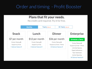If	
  you	
  go	
  to	
  a	
  car	
  dealership,	
  the	
  more	
  
exhausted	
  by	
  decision	
  faEgue,	
  the	
  more	
  likely	
  
the	
  buyer	
  is	
  going	
  to	
  agree	
  to	
  default	
  choices	
  
provided	
  by	
  the	
  dealer.	
  This	
  is	
  where	
  they	
  get	
  
your	
  money.	
  	
  
	
  
Source	
  NYT	
  arEcle	
  Do	
  You	
  Suﬀer	
  From	
  Decision	
  
FaEgue?	
  :	
  hZp://www.nyEmes.com/
2011/08/21/magazine/do-­‐you-­‐suﬀer-­‐from-­‐
decision-­‐faEgue.html?pagewanted=all&_r=2&	
  
	
  
“SequenEal	
  choices	
  and	
  the	
  apparent	
  mental	
  
depleEon	
  that	
  they	
  evoke	
  also	
  increase	
  
people's	
  tendency	
  to	
  simplify	
  decisions	
  by	
  
accepEng	
  the	
  status	
  quo”	
  
	
  
“German	
  car	
  buyers,	
  for	
  instance,	
  were	
  more	
  
likely	
  to	
  accept	
  the	
  default	
  aZribute	
  level	
  
oﬀered	
  by	
  a	
  manufacturer	
  later	
  in	
  a	
  sequence	
  
of	
  aZribute	
  decisions	
  than	
  earlier,	
  parEcularly	
  
when	
  these	
  choices	
  followed	
  decisions	
  
between	
  many	
  alternaEves	
  that	
  had	
  required	
  
more	
  mental	
  resources	
  to	
  evaluate.”	
  
	
  
	
  
Order and timing - Proﬁt Booster
Screen	
  Shot	
  2015-­‐05-­‐31	
  at	
  3.49.24	
  PM.png	
  
 
