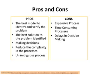 Pros and Cons
                              PROS                                                      CONS
                •     The best model to                                       • Expensive Process
                      identify and verify the                                 • Time Consuming
                      problem                                                   Processes
                •     The best solution to                                    • Delays in Decision
                      the problem identified                                    Making
                •     Making decisions
                •     Reduce the complexity
                      in the processes
                •     Unambiguous process




Retrieved from http://leadership-management.knoji.com/is-the-rational-decision-making-method-right-for-your-organization/
 