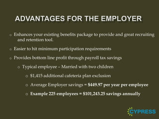 o   Enhances your existing benefits package to provide and great recruiting
     and retention tool.

o   Easier to hit minimum participation requirements

o   Provides bottom line profit through payroll tax savings

     o Typical employee – Married with two children

         o $1,415 additional cafeteria plan exclusion

         o Average Employer savings = $449.97 per year per employee

         o Example 225 employees = $101,243.25 savings annually
 