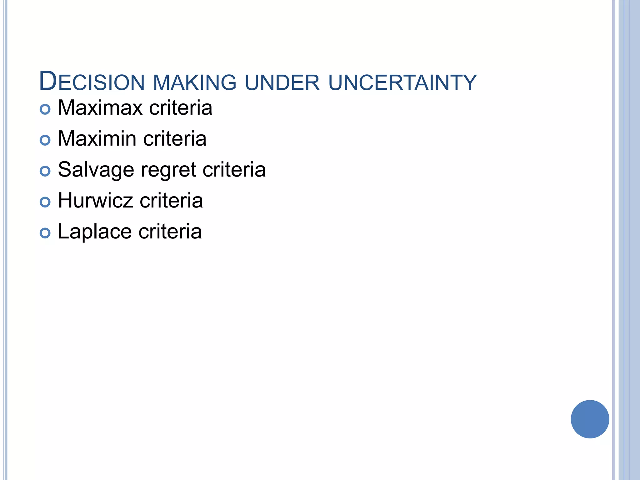 DECISION MAKING UNDER UNCERTAINTY
 Maximax criteria
 Maximin criteria
 Salvage regret criteria
 Hurwicz criteria
 Laplace criteria
 