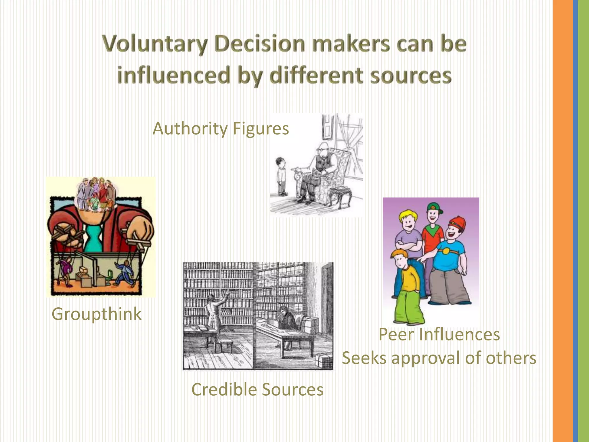 Authority Figures




Groupthink
                                        Peer Influences
                                    Seeks approval of others
                 Credible Sources
 