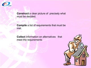 Construct   a clear picture of  precisely what must be decided. Compile  a list of requirements that must be met . Collect  information on alternatives  that meet the requirements 