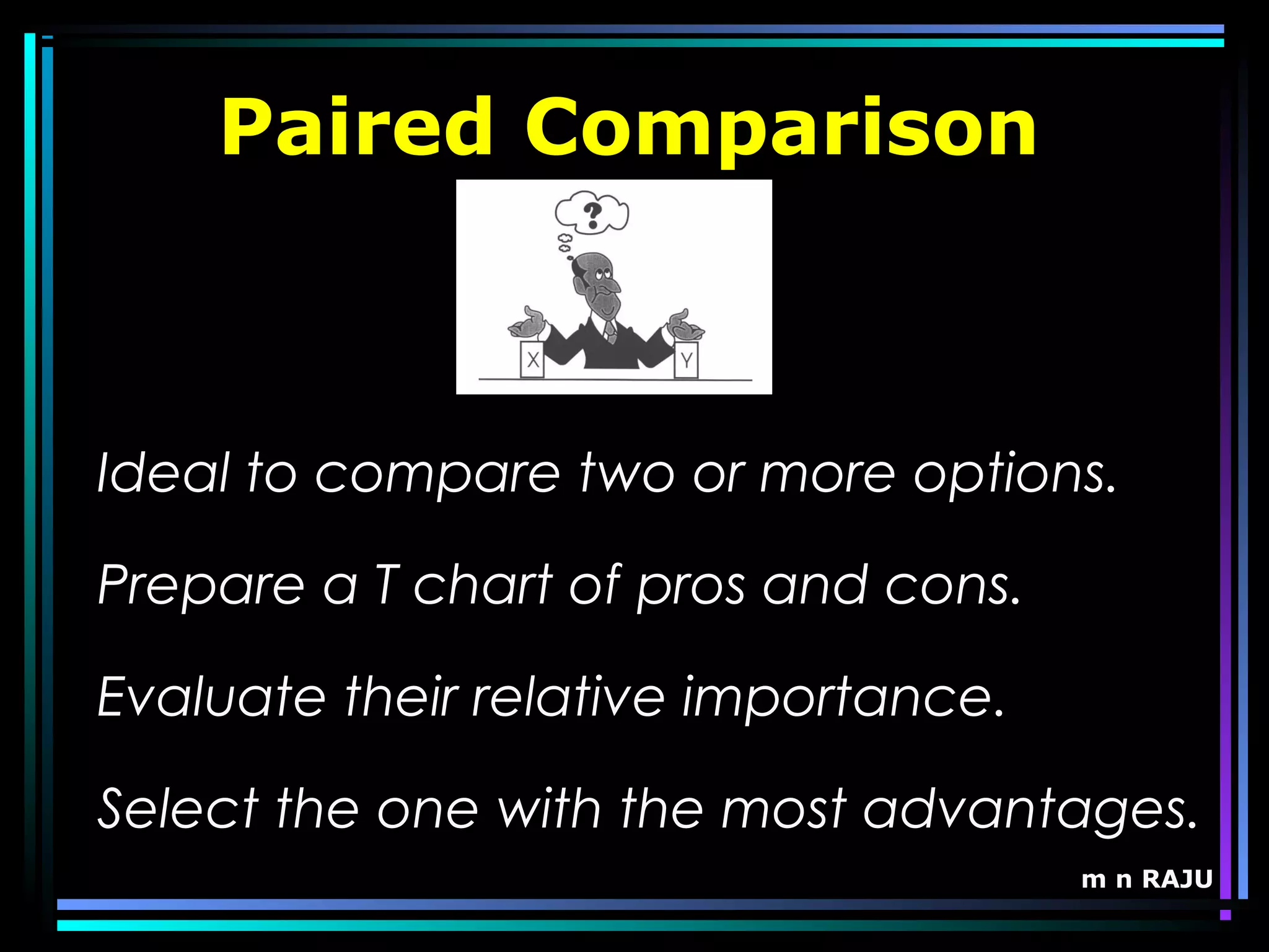 m n RAJU
Paired Comparison
Ideal to compare two or more options.
Prepare a T chart of pros and cons.
Evaluate their relative importance.
Select the one with the most advantages.
 