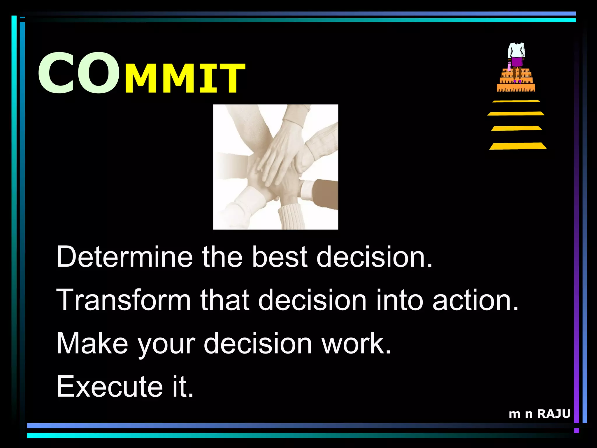 m n RAJU
COMMIT
Determine the best decision.
Transform that decision into action.
Make your decision work.
Execute it.
 
