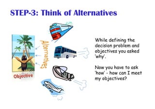 STEP-3: Think of Alternatives
While defining the
decision problem and
objectives you asked
‘why’.
Now you have to ask
‘how...