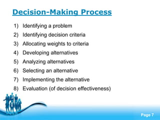 Decision-Making Process
1) Identifying a problem
2) Identifying decision criteria
3) Allocating weights to criteria
4) Developing alternatives
5) Analyzing alternatives
6) Selecting an alternative
7) Implementing the alternative
8) Evaluation (of decision effectiveness)



                    Free Powerpoint Templates
                                                Page 7
 