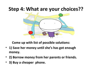 Step 4: What are your choices??
     




    Come up with list of possible solutions:
• 1) Save her money until she’s has got enough
  money.
• 2) Borrow money from her parents or friends.
• 3) Buy a cheaper phone.
 