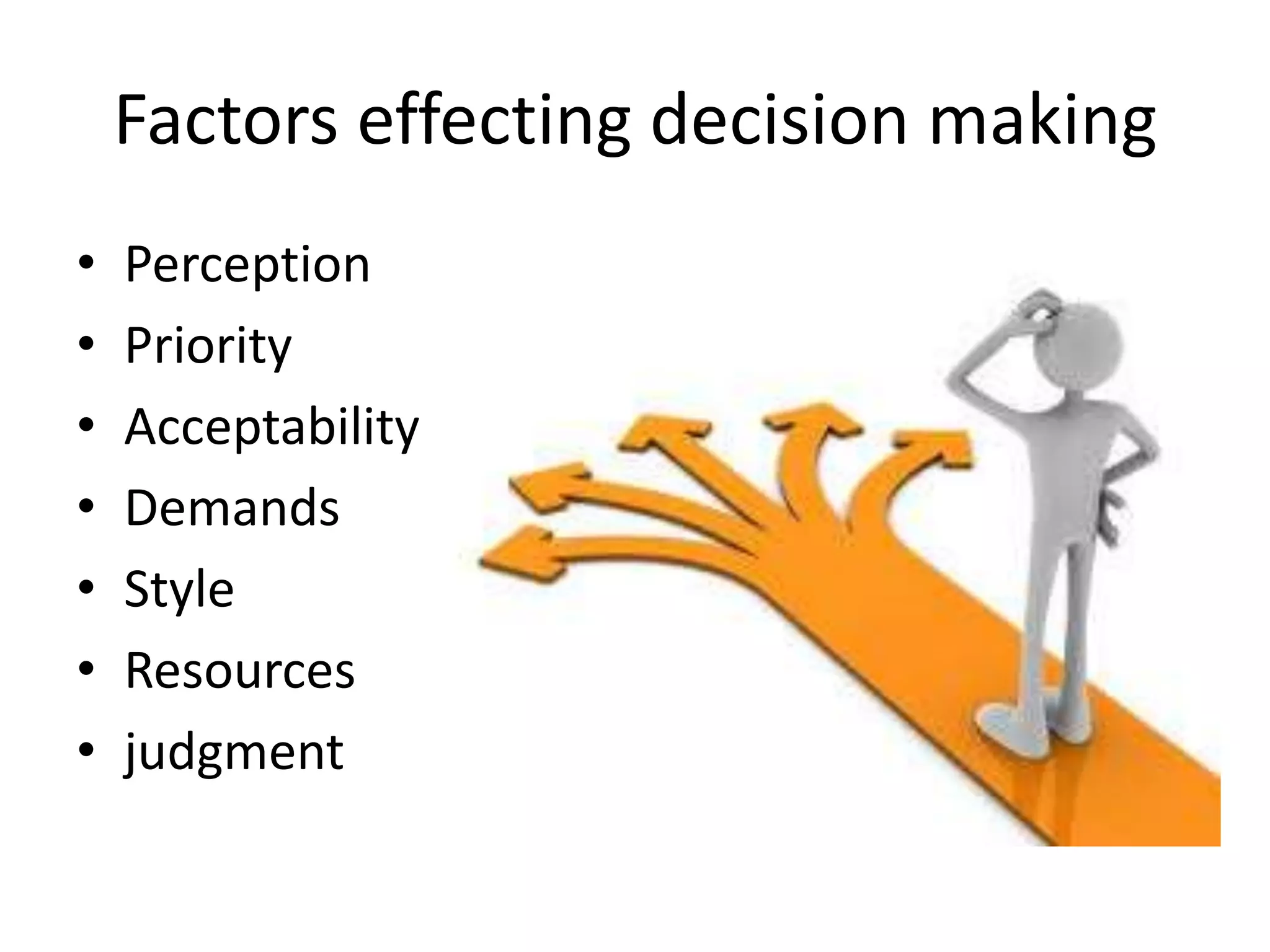 Factors effecting decision making
• Perception
• Priority
• Acceptability
• Demands
• Style
• Resources
• judgment
 