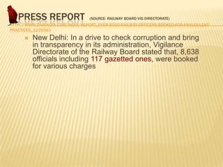 A PRESS REPORT

(SOURCE- RAILWAY BOARD VIG DIRECTORATE)

HTTP://WWW.DNAINDIA.COM/INDIA/REPORT_OVER-8500-RAILWAY-OFFICERS-BOOKED-FOR-FRAUDULENTPRACTICES_1239563



New Delhi: In a drive to check corruption and bring
in transparency in its administration, Vigilance
Directorate of the Railway Board stated that, 8,638
officials including 117 gazetted ones, were booked
for various charges

 