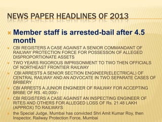 NEWS PAPER HEADLINES OF 2013
 Member

staff is arrested-bail after 4.5

month










CBI REGISTERS A CASE AGAINST A SENIOR COMMANDANT OF
RAILWAY PROTECTION FORCE FOR POSSESSON OF ALLEGED
DISPROPORTIONATE ASSETS
TWO YEARS RIGOROUS IMPRISONMENT TO TWO THEN OFFICIALS
OF NORTHEAST FRONTIER RAILWAY
CBI ARRESTS A SENIOR SECTION ENGINEER(ELECTRICAL) OF
CENTRAL RAILWAY AND AN ADVOCATE IN TWO SEPARATE CASES OF
BRIBERY
CBI ARRESTS A JUNIOR ENGINEER OF RAILWAY FOR ACCEPTING
BRIBE OF RS. 40,000/CBI REGISTERS A CASE AGAINST AN INSPECTING ENGINEER OF
RITES AND OTHERS FOR ALLEGED LOSS OF Rs. 21.48 LAKH
(APPROX) TO RAILWAYS
the Special Judge, Mumbai has convicted Shri Amit Kumar Roy, then
Inspector, Railway Protection Force, Mumbai

 