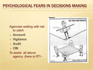 PSYCHOLOGICAL FEARS IN DECISIONS MAKING

Agencies waiting with net
to catch
 Account
 Vigilance
 Audit
 CBI
To assist all above
agency ,there is RTI -

 