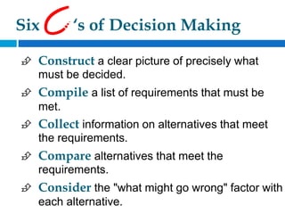 Six ‘s of Decision Making
 Construct a clear picture of precisely what
must be decided.
 Compile a list of requirements that must be
met.
 Collect information on alternatives that meet
the requirements.
 Compare alternatives that meet the
requirements.
 Consider the "what might go wrong" factor with
each alternative.
 