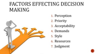 1. Perception 
2. Priority 
3. Acceptability 
4. Demands 
5. Style 
6. Resources 
7. Judgment 
 