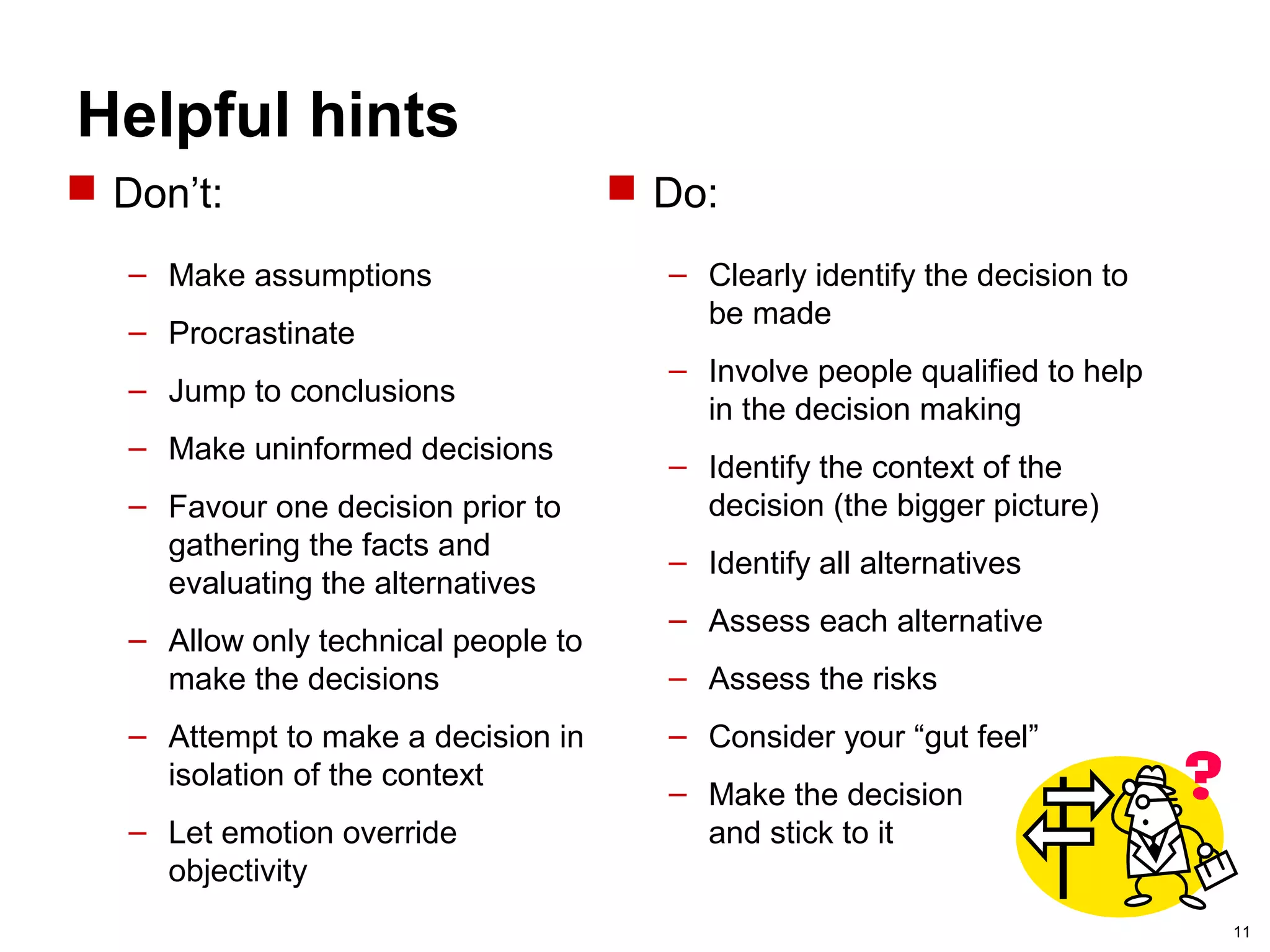 11
Helpful hints
 Do:
– Clearly identify the decision to
be made
– Involve people qualified to help
in the decision making
– Identify the context of the
decision (the bigger picture)
– Identify all alternatives
– Assess each alternative
– Assess the risks
– Consider your “gut feel”
– Make the decision
and stick to it
 Don’t:
– Make assumptions
– Procrastinate
– Jump to conclusions
– Make uninformed decisions
– Favour one decision prior to
gathering the facts and
evaluating the alternatives
– Allow only technical people to
make the decisions
– Attempt to make a decision in
isolation of the context
– Let emotion override
objectivity
 