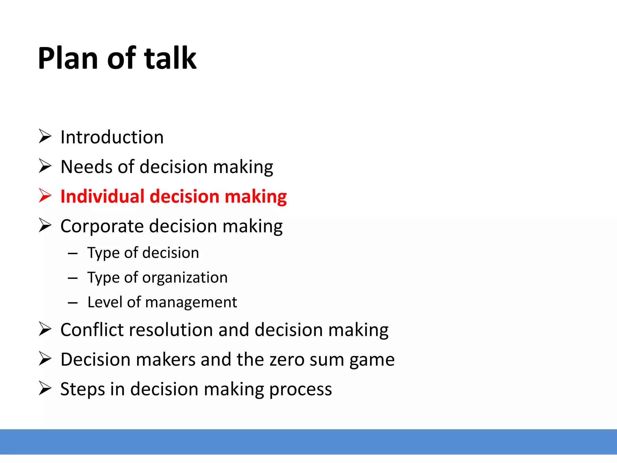 Plan of talk
 Introduction
 Needs of decision making
 Individual decision making
 Corporate decision making
– Type of decision
– Type of organization
– Level of management
 Conflict resolution and decision making
 Decision makers and the zero sum game
 Steps in decision making process
 