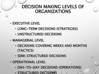 DECISION MAKING LEVELS OF
ORGANIZATIONS
• EXECUTIVE LEVEL
• LONG-TERM DECISIONS (STRATEGIES)
• UNSTRUCTURED DECISIONS
• MANAGERIAL LEVEL
• DECISIONS COVERING WEEKS AND MONTHS
(TACTICS)
• SEMI-STRUCTURED DECISIONS
• OPERATIONAL LEVEL
• DAY-TO-DAY DECISIONS (OPERATIONS)
• STRUCTURED DECISIONS
 