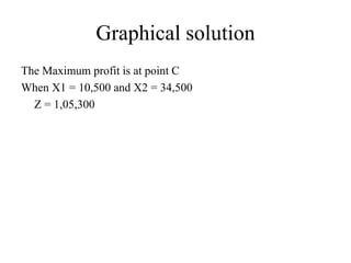 Graphical solution
The Maximum profit is at point C
When X1 = 10,500 and X2 = 34,500
Z = 1,05,300
 