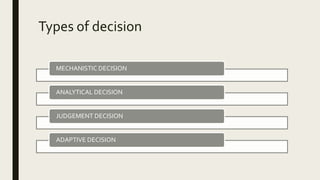 Types of decision
MECHANISTIC DECISION
ANALYTICAL DECISION
JUDGEMENT DECISION
ADAPTIVE DECISION
 