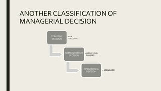ANOTHER CLASSIFICATIONOF
MANAGERIAL DECISION
STRATEGIC
DECISION
•TOP
EXECUTIVE
ADMINISTRATIVE
DECISION
•MIDDLE LEVEL
MANAGER
OPERATIONAL
DECISION
• MANAGER
 