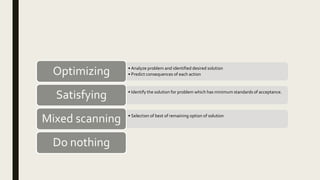 • Analyze problem and identified desired solution
• Predict consequences of each actionOptimizing
• Identify the solution for problem which has minimum standards of acceptance.
Satisfying
• Selection of best of remaining option of solution
Mixed scanning
Do nothing
 