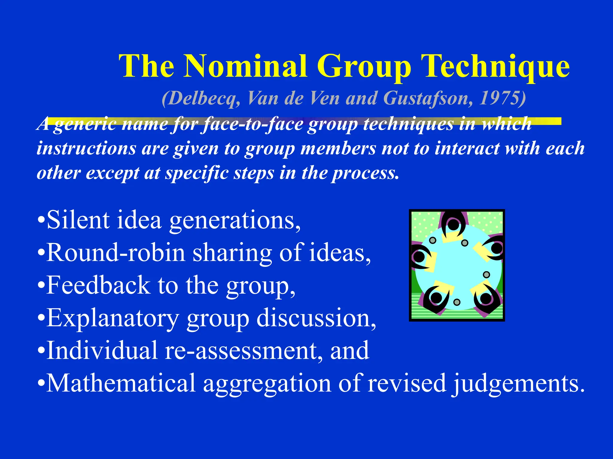 The Nominal Group Technique
(Delbecq, Van de Ven and Gustafson, 1975)
•Silent idea generations,
•Round-robin sharing of ideas,
•Feedback to the group,
•Explanatory group discussion,
•Individual re-assessment, and
•Mathematical aggregation of revised judgements.
A generic name for face-to-face group techniques in which
instructions are given to group members not to interact with each
other except at specific steps in the process.
 