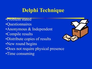 Delphi Technique
•Problem stated
•Questionnaires
•Anonymous & Independent
•Compile results
•Distribute copies of results
•New round begins
•Does not require physical presence
•Time consuming
 