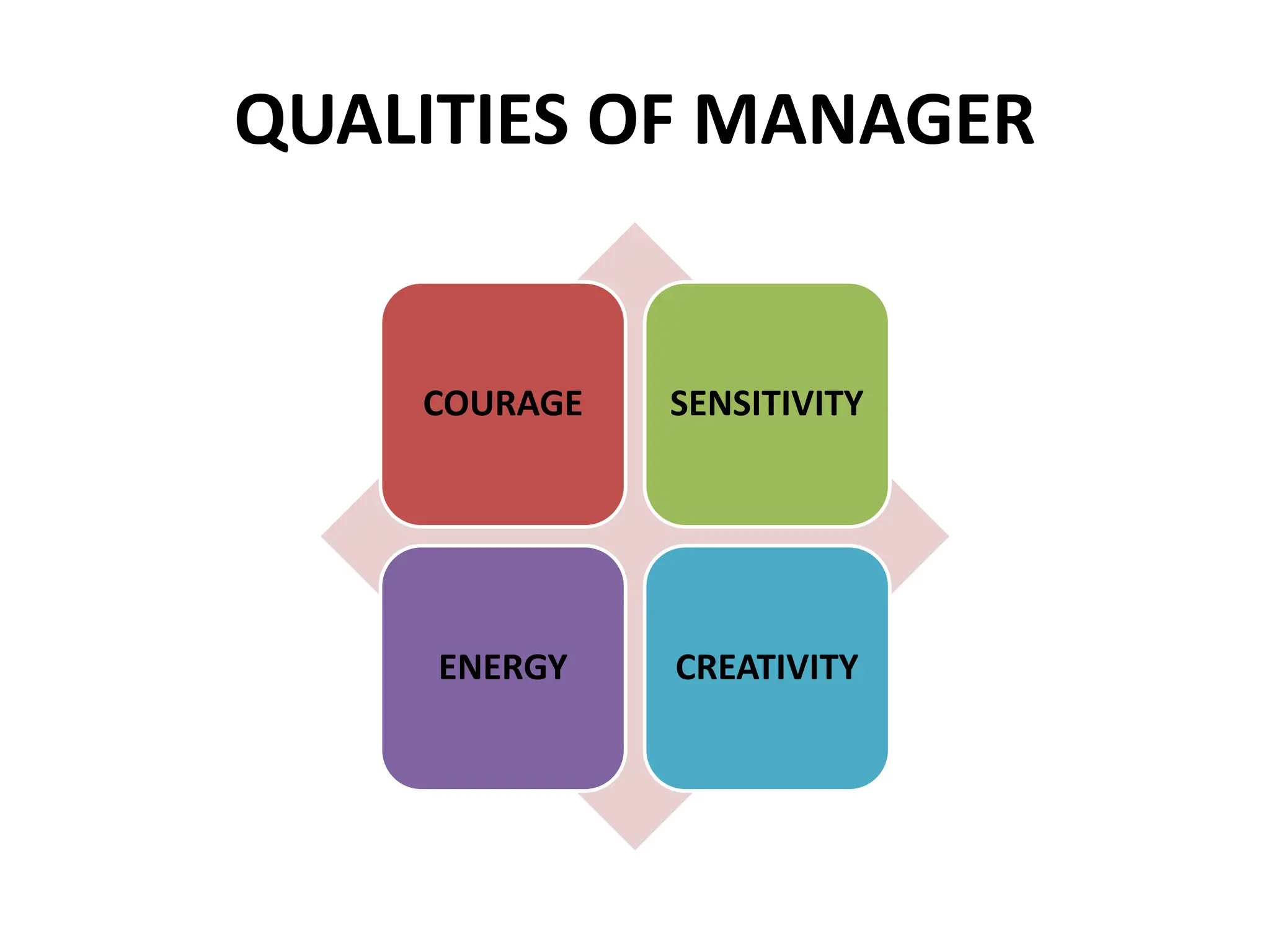 QUALITIES OF MANAGER
COURAGE SENSITIVITY
ENERGY CREATIVITY
 