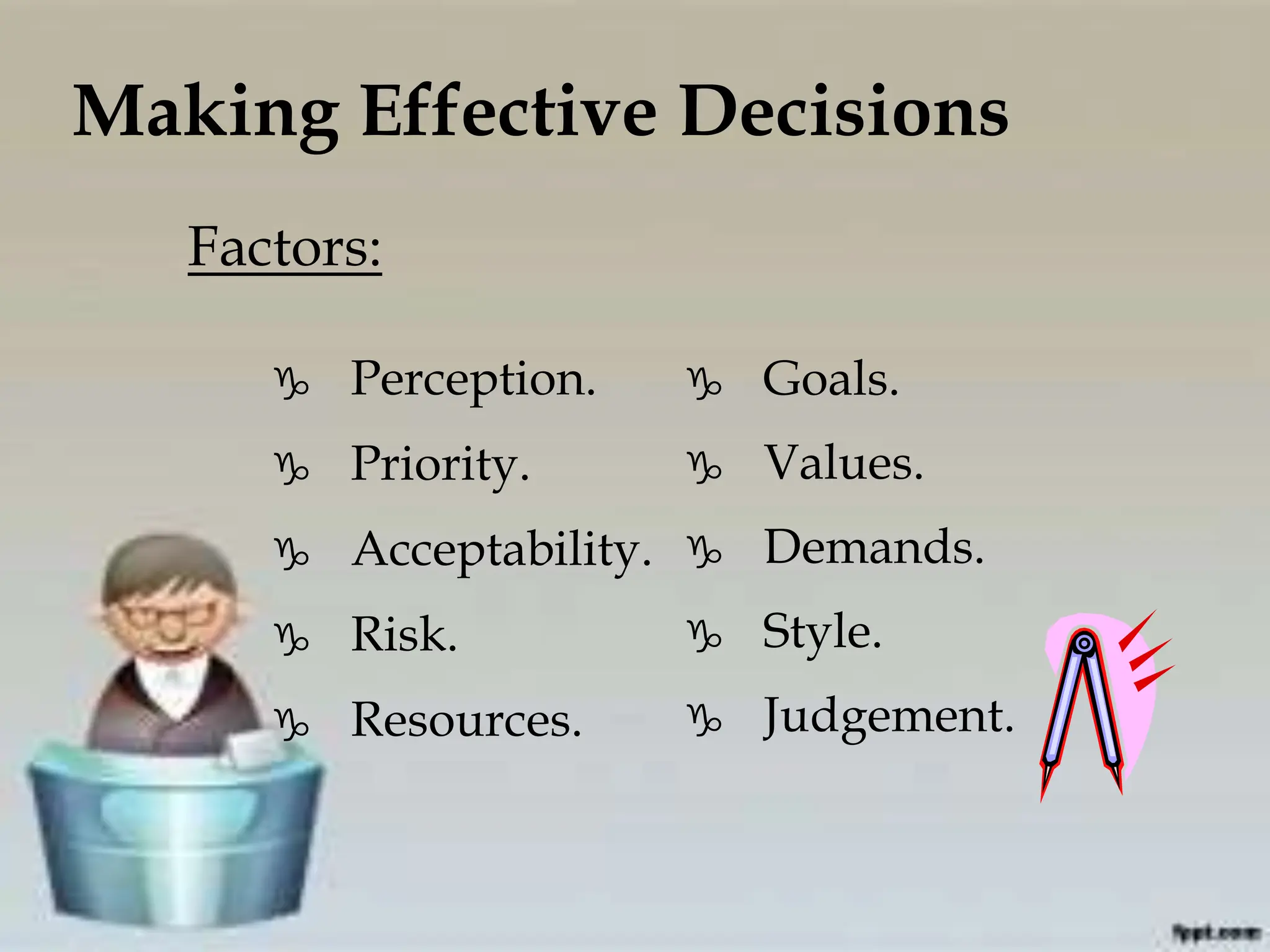 Making Effective Decisions
 Perception.
 Priority.
 Acceptability.
 Risk.
 Resources.
Factors:
 Goals.
 Values.
 Demands.
 Style.
 Judgement.
 