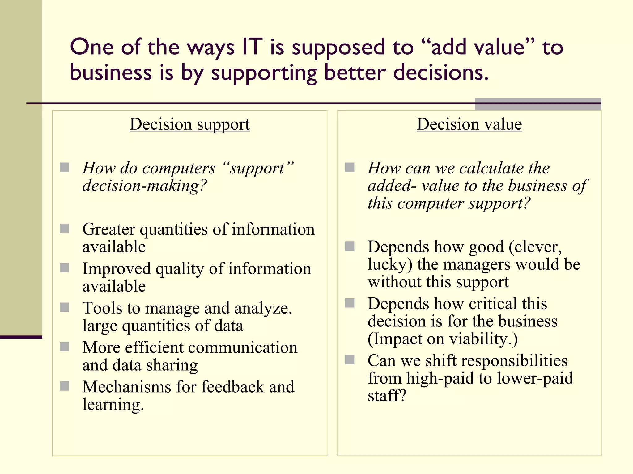One of the ways IT is supposed to “add value” to business is by supporting better decisions.  Decision support How do computers “support” decision-making?  Greater quantities of information available Improved quality of information available Tools to manage and analyze. large quantities of data More efficient communication and data sharing  Mechanisms for feedback and learning. Decision value How can we calculate the added- value to the business of this computer support? Depends how good (clever, lucky) the managers would be without this support Depends how critical this decision is for the business (Impact on viability.)  Can we shift responsibilities from high-paid to lower-paid staff?  