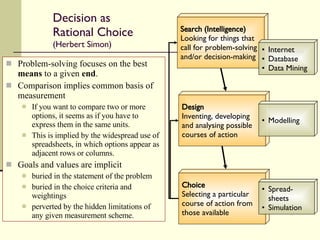 Decision as Rational Choice  (Herbert Simon) Problem-solving focuses on the best  means  to a given  end . Comparison implies common basis of measurement If you want to compare two or more options, it seems as if you have to express them in the same units.  This is implied by the widespread use of spreadsheets, in which options appear as adjacent rows or columns.  Goals and values are implicit buried in the statement of the problem buried in the choice criteria and weightings perverted by the hidden limitations of any given measurement scheme.  Search (Intelligence) Looking for things that call for problem-solving and/or decision-making Design Inventing, developing and analysing possible courses of action Choice Selecting a particular course of action from those available Internet Database Data Mining Modelling Spread-sheets Simulation 