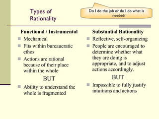 Types of Rationality Functional / Instrumental Mechanical Fits within bureaucratic ethos Actions are rational because of their place within the whole BUT Ability to understand the   whole is fragmented Substantial Rationality Reflective, self-organizing People are encouraged to determine whether what they are doing is appropriate, and to adjust actions accordingly. BUT Impossible to fully justify intuitions and actions Do I do the job or do I do what is needed? 